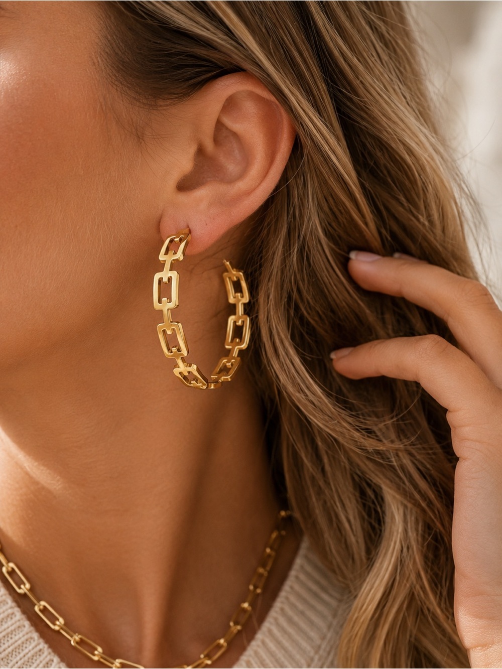Gold Paperclip Link Hoop Earrings Waterproof Stainless Steel